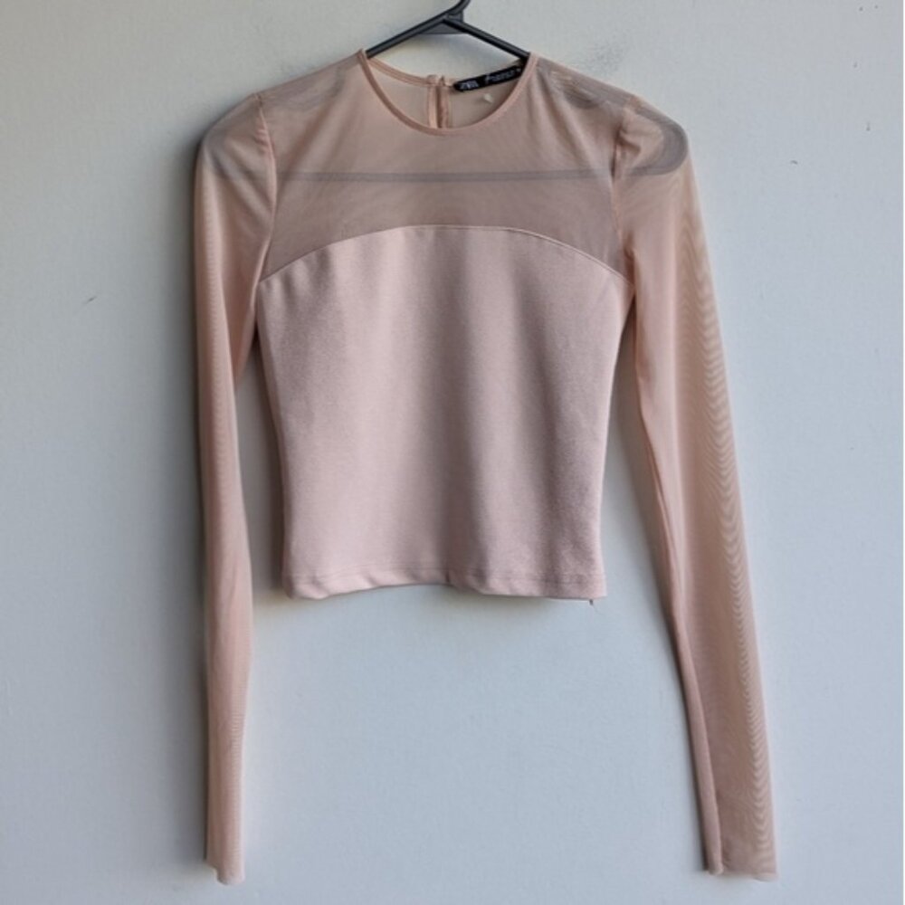 Zara nude mesh long sleeve blouse